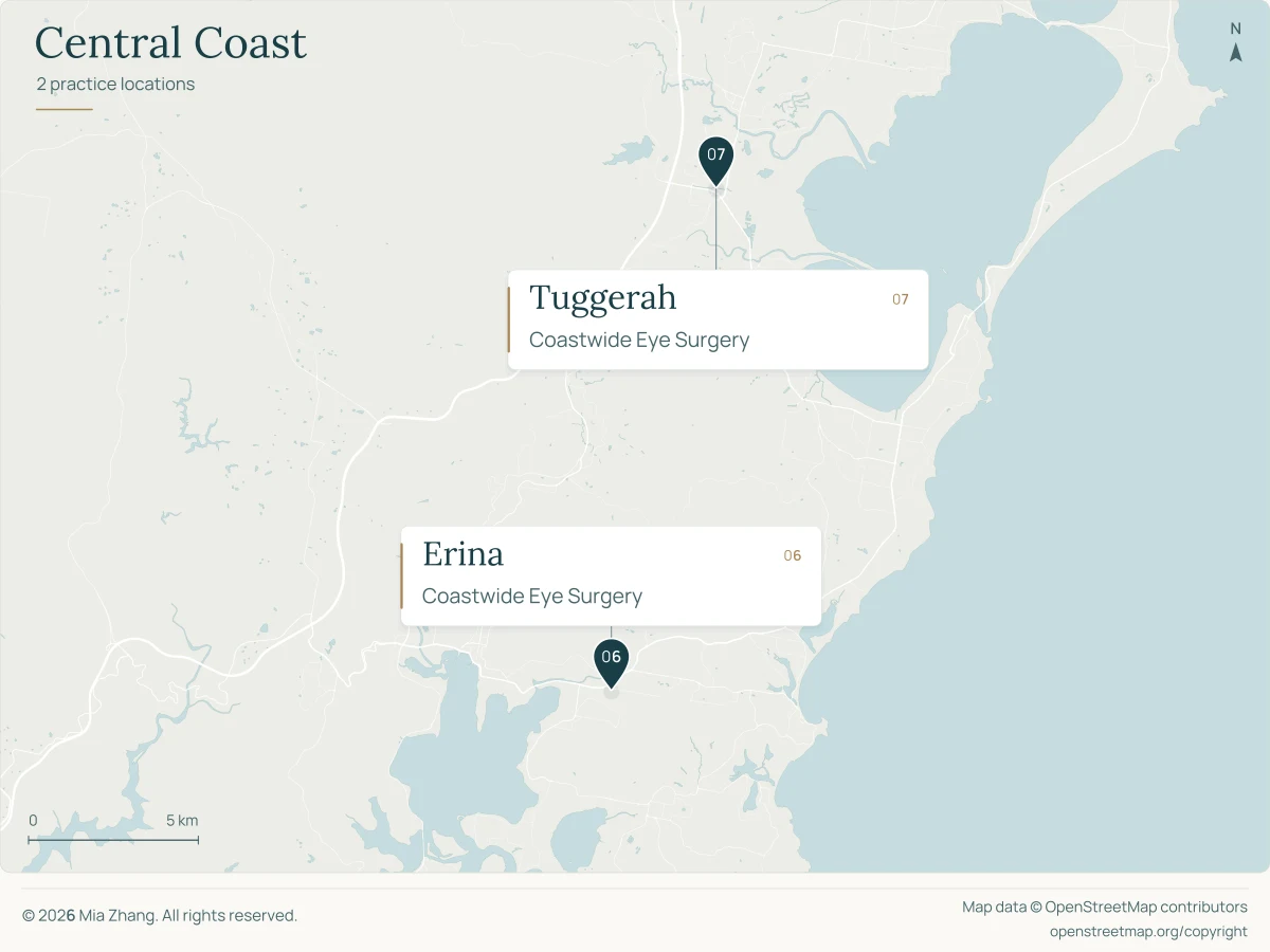 Map showing clinic locations in Erina and Tuggerah on the Central Coast.