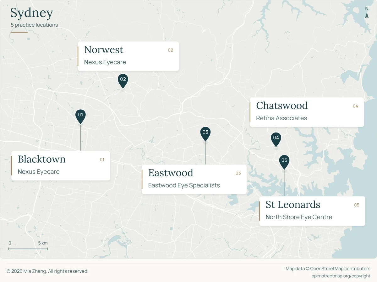 Map showing five Sydney clinic locations in Blacktown, Norwest, Eastwood, Chatswood and St Leonards.