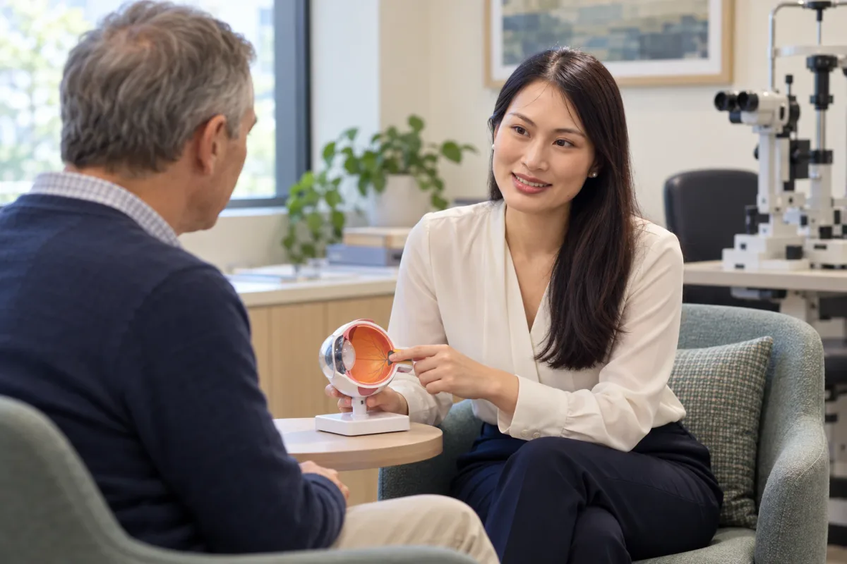Dr Mia Zhang explaining eye anatomy with a model to another person.