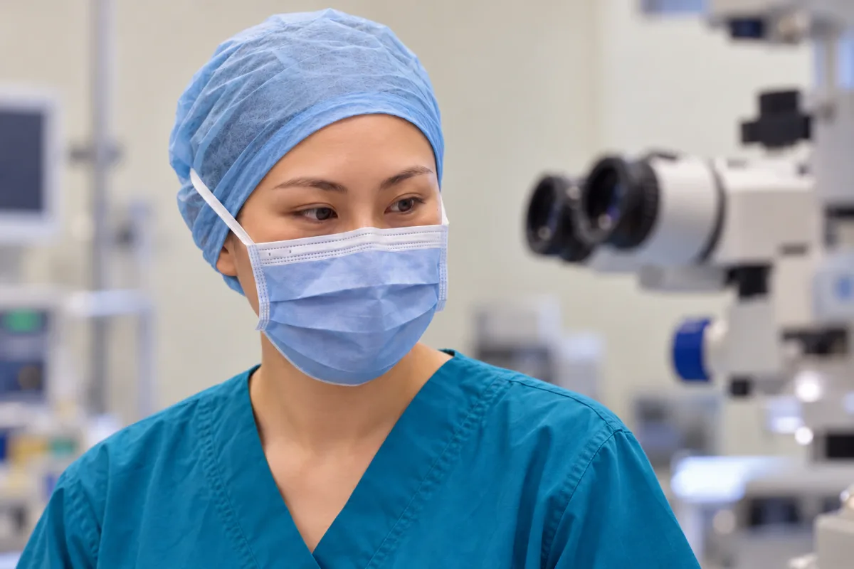 Dr Mia Zhang in surgical scrubs, with a microscope in the background.